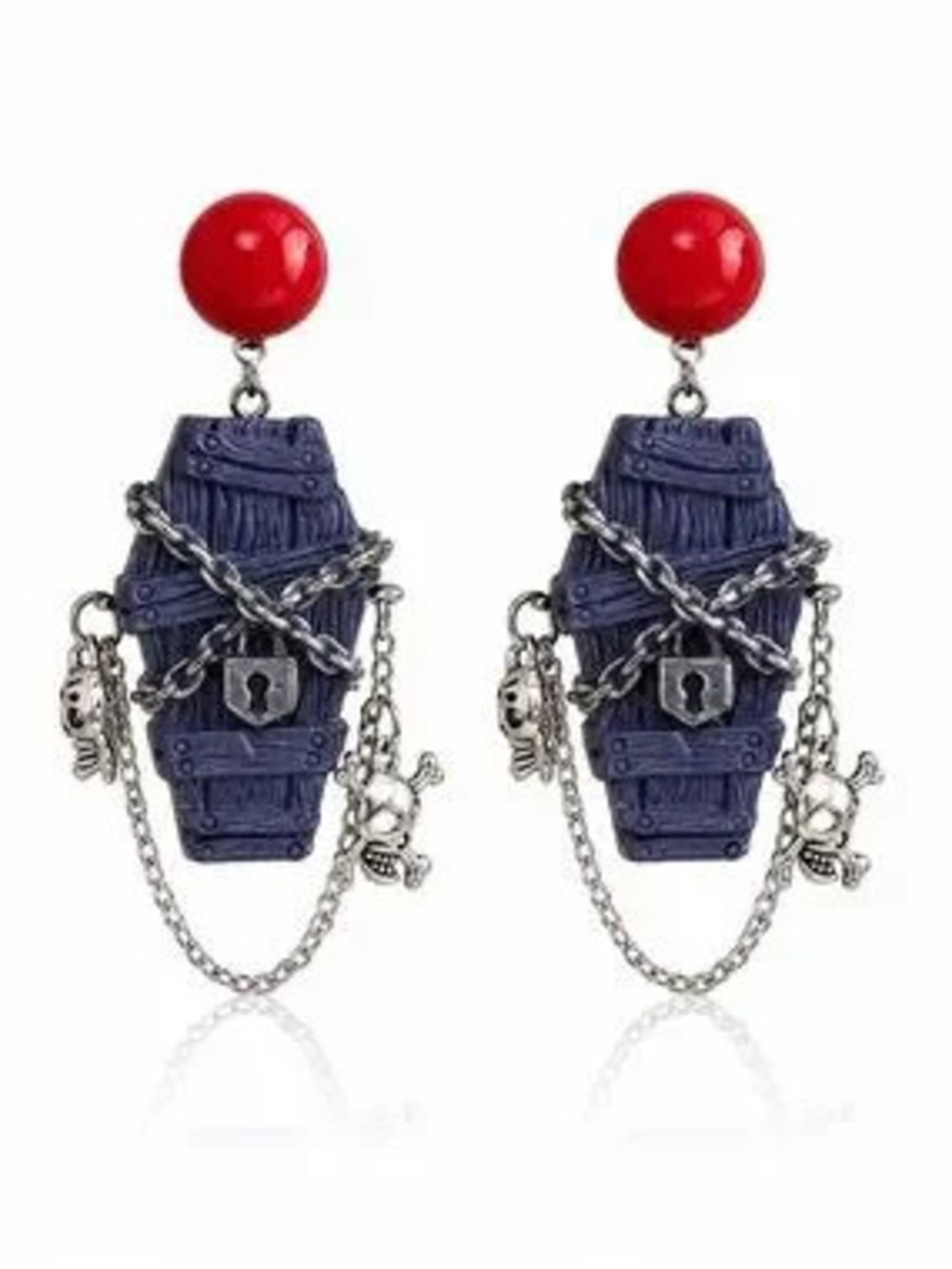Blue Coffin Drop Earrings with Red Studs